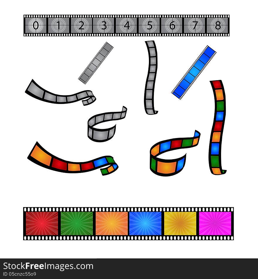 Set of film strips colors and black and white isolated. Set of film strips colors and black and white isolated