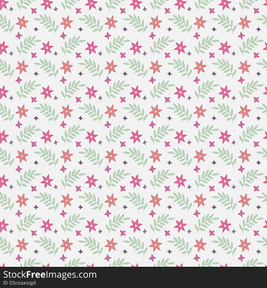 Seamless floral pattern with flowers, butterflies and leaves.