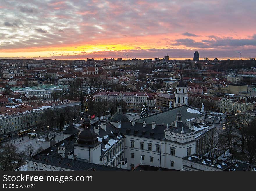 Palace of the Grand Dukes of Lithuania and Vilnius Old Town in the sunset. The view from Gediminas Tower. Winter 2013