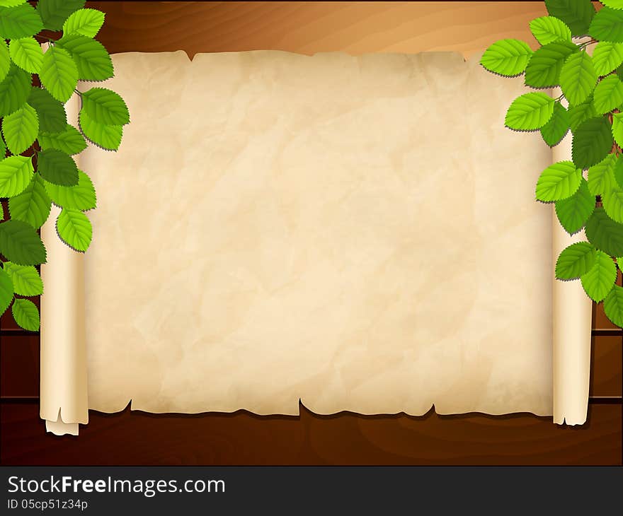 Vector illustration of the old paper on wooden background. Vector illustration of the old paper on wooden background