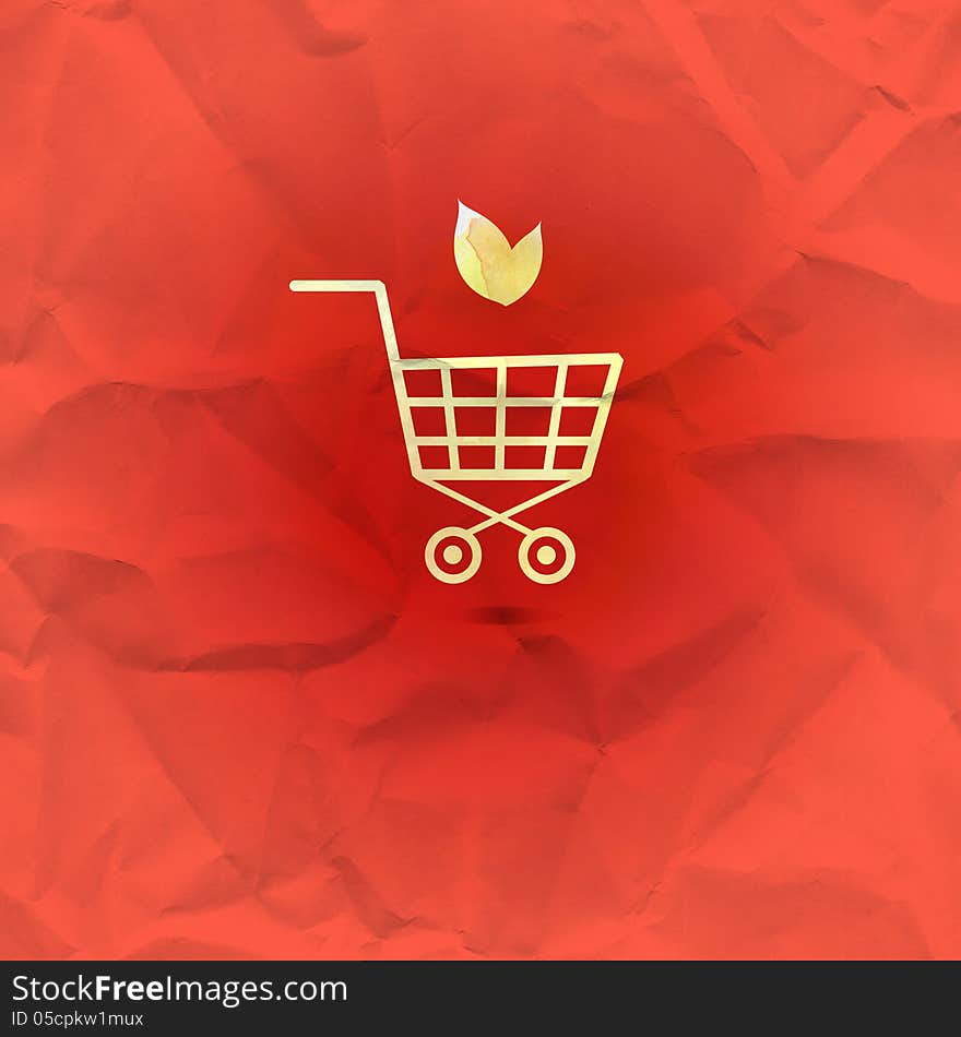 Bright sign shopping basket on a crumpled red background. Bright sign shopping basket on a crumpled red background