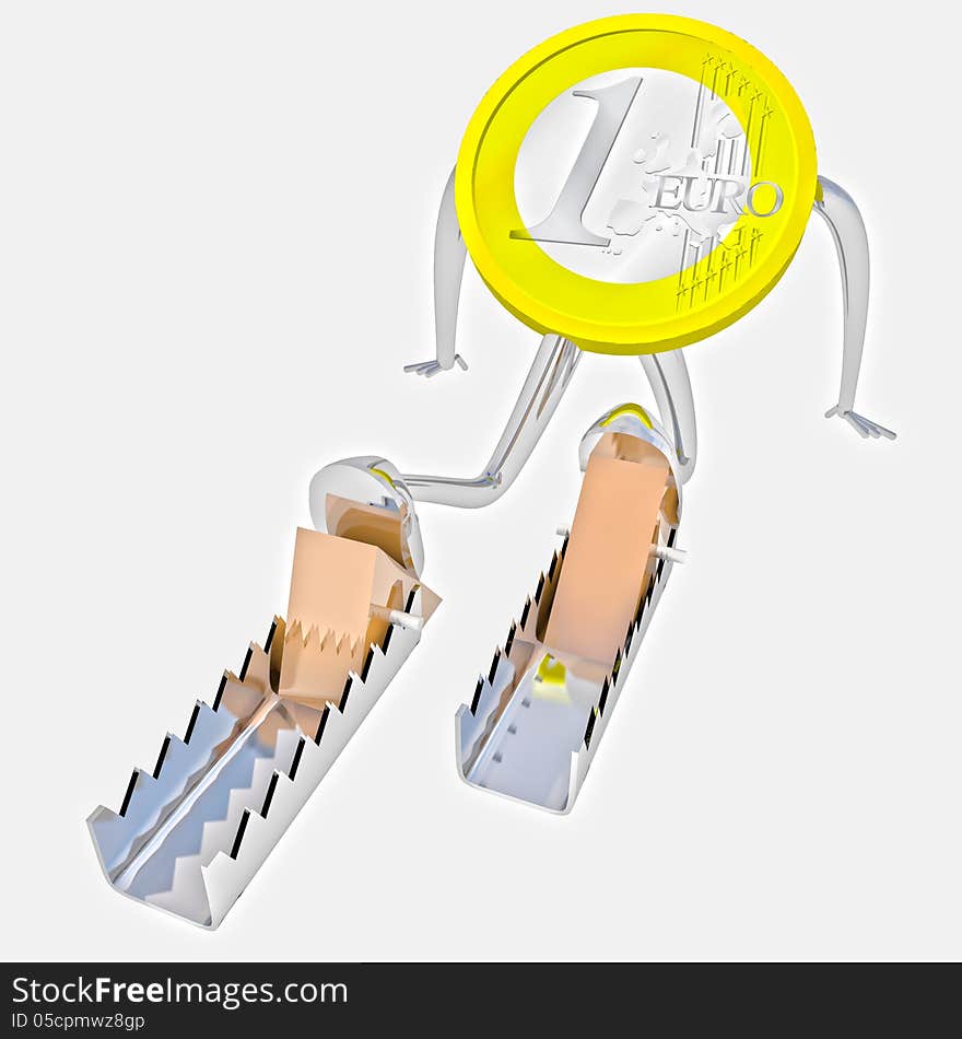 Euro coin robot starting from the block in back view rendering illustration