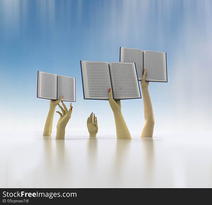 Arms holding three books on blue blur background