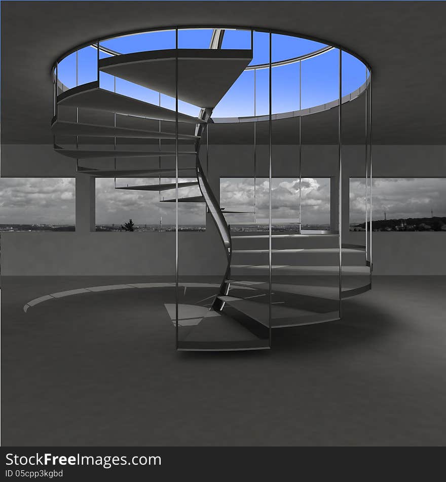 Indoor spiral staircase leading to sky