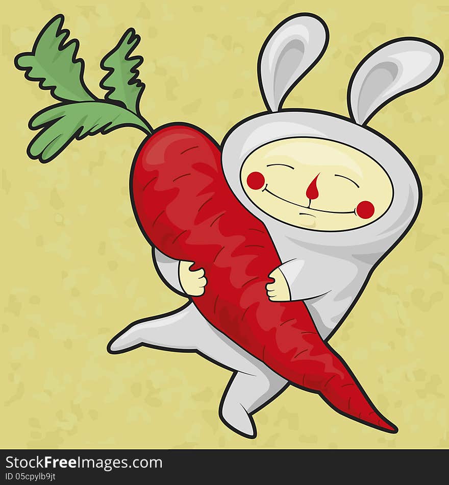 Cheerful rabbit with red carrots in paws