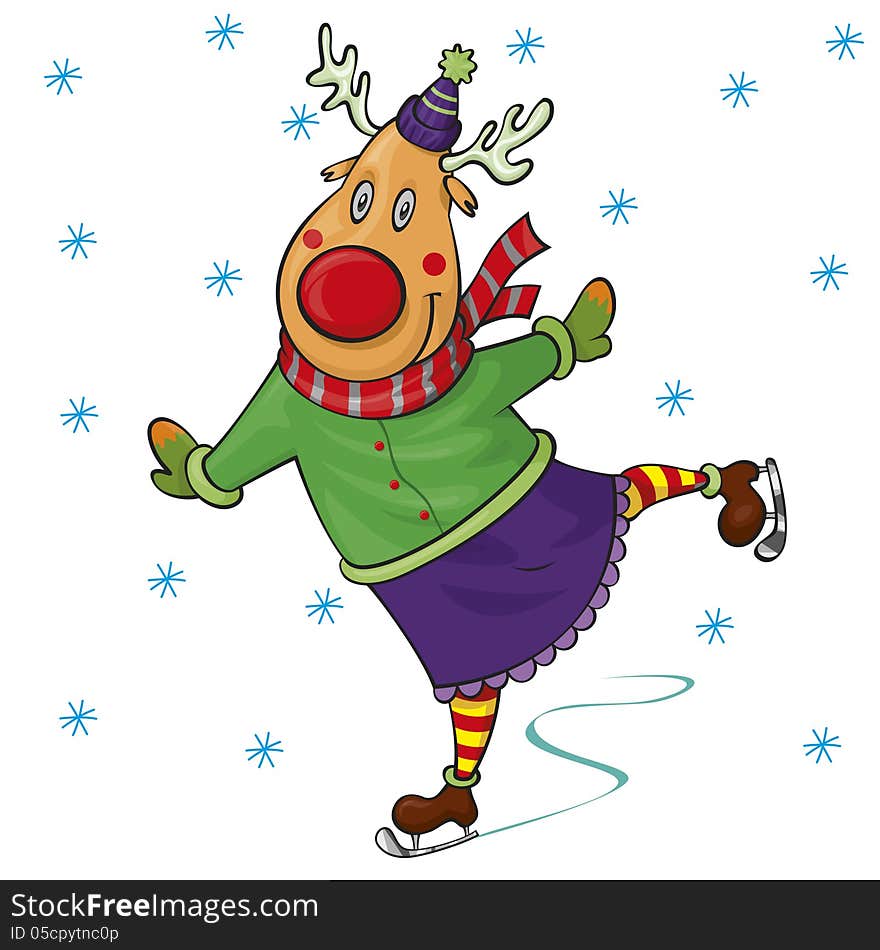 Smiling reindeer on skates. its snowing. Smiling reindeer on skates. its snowing