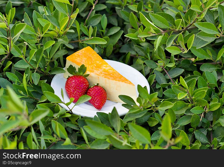 Yellow cake souffle with strawberry on the green grass