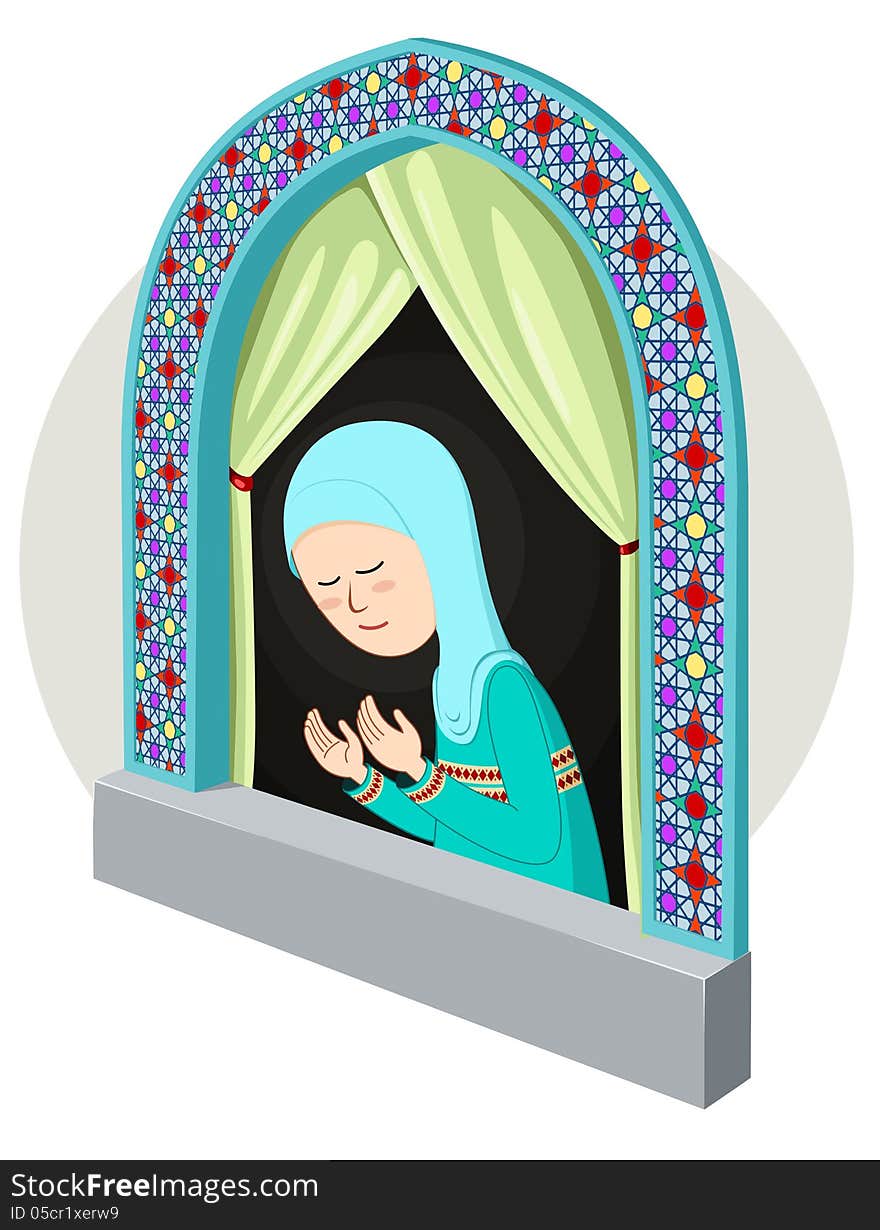 Arabic/moslem girl praying in the window, suitable for artwork for religious theme. Arabic/moslem girl praying in the window, suitable for artwork for religious theme