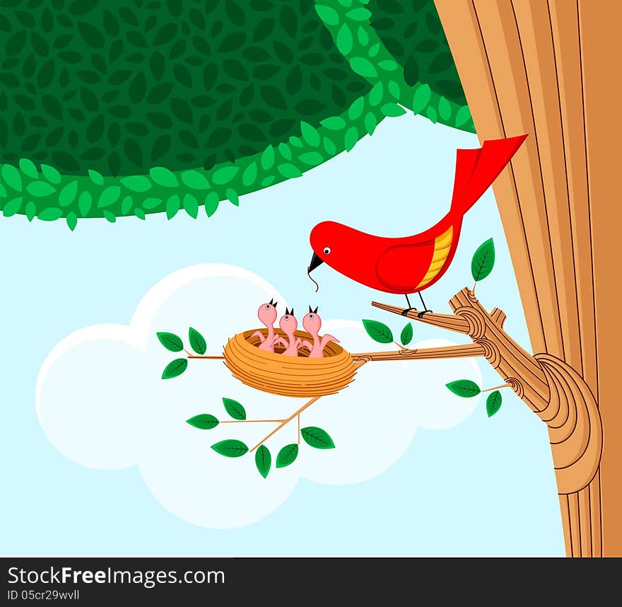 Illustration of red bird feeding her child