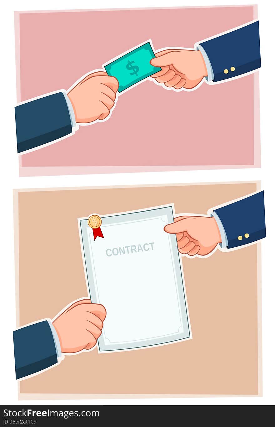 Illustration of businessman's hand exchanging money and document. Illustration of businessman's hand exchanging money and document.