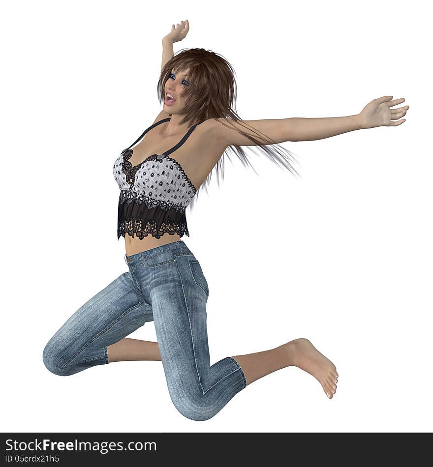 Digitally rendered image of a woman jumping over white background. Digitally rendered image of a woman jumping over white background.