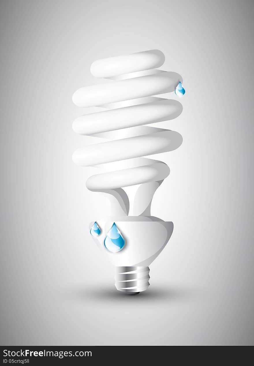 Fluorescent light bulb with blue drops on grey background. Fluorescent light bulb with blue drops on grey background