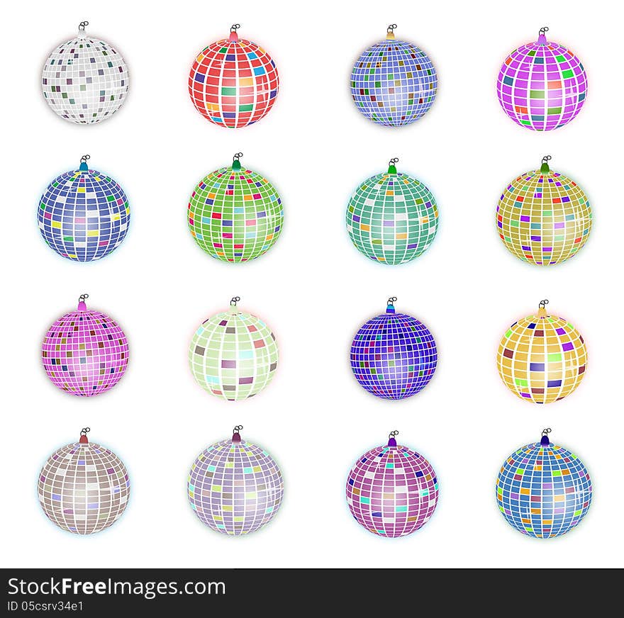 Illustration of disco balls set isolated on white.