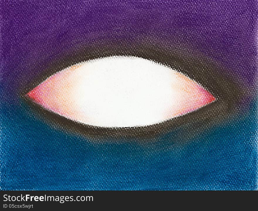 Hand drawn illustration, in pastel chalk technique, showing a big eye with no iris, on dark background. Hand drawn illustration, in pastel chalk technique, showing a big eye with no iris, on dark background