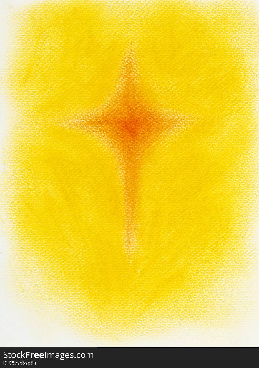 Hand drawn abstract illustration in pastel chalk, with a red cross shape on yellow background. Hand drawn abstract illustration in pastel chalk, with a red cross shape on yellow background