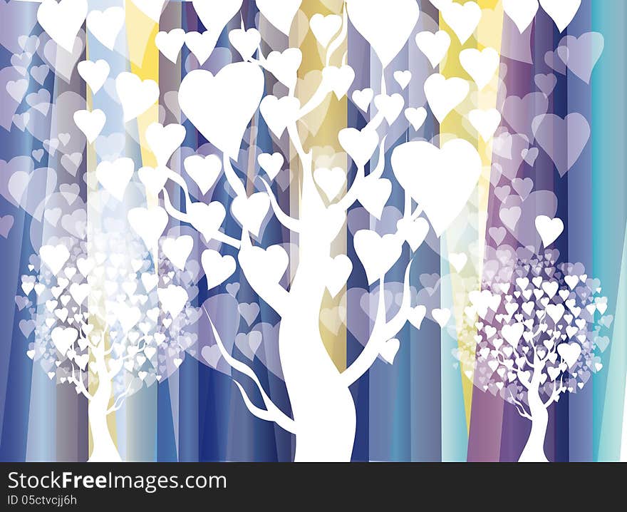 Vector graphic image with stylized white heart trees on blue background. Vector graphic image with stylized white heart trees on blue background