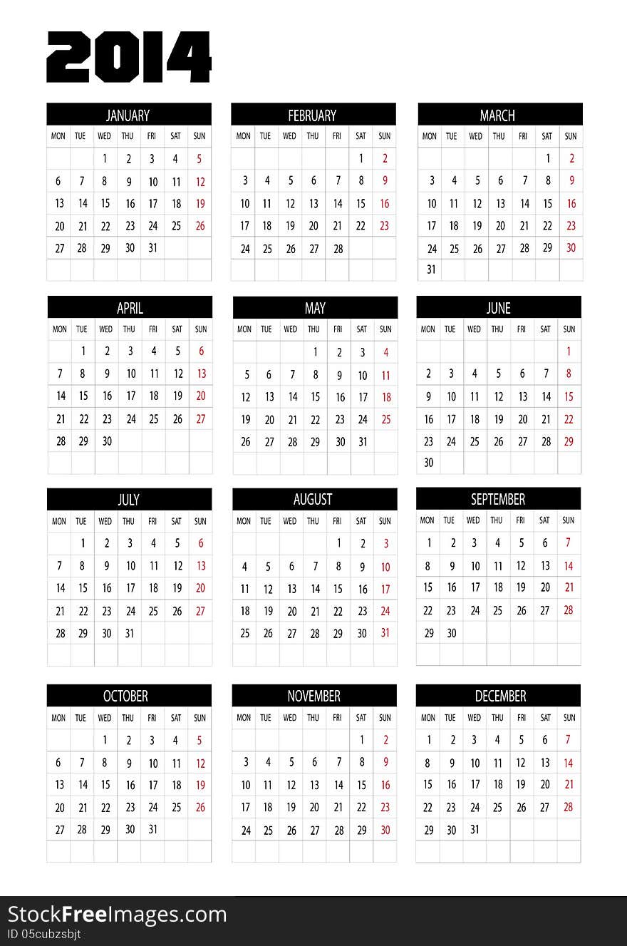 Illustration new calendar 2014 in english