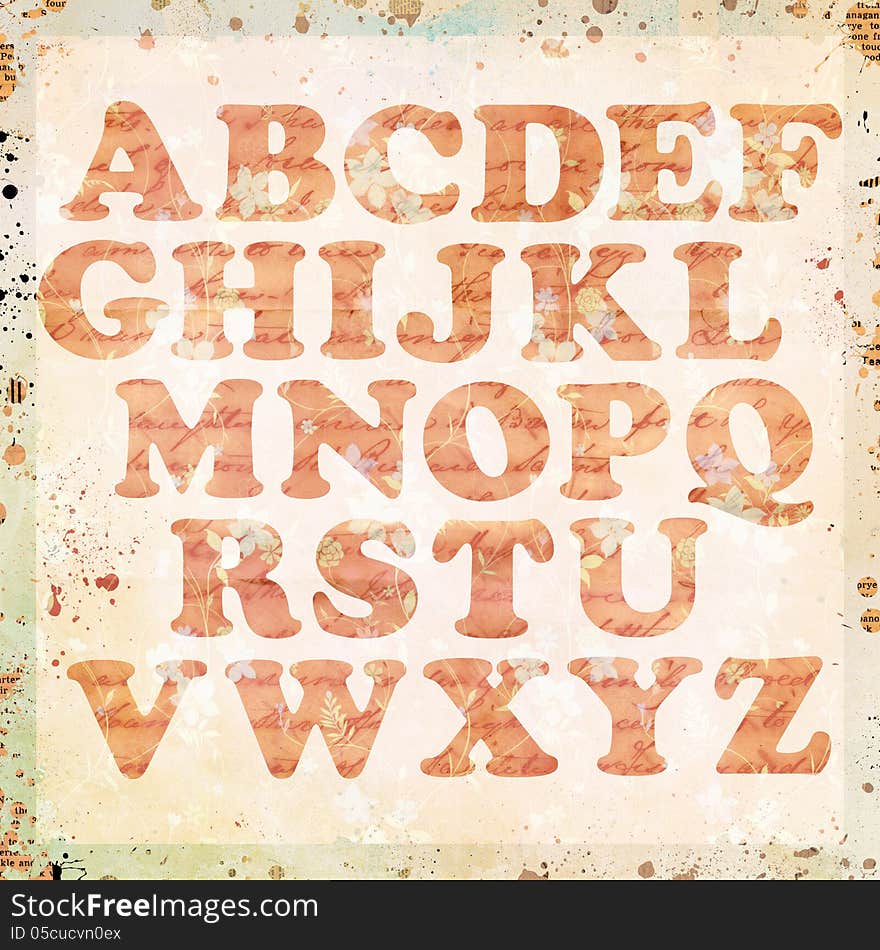 Decorative alphabet on vintage paper background. Decorative alphabet on vintage paper background