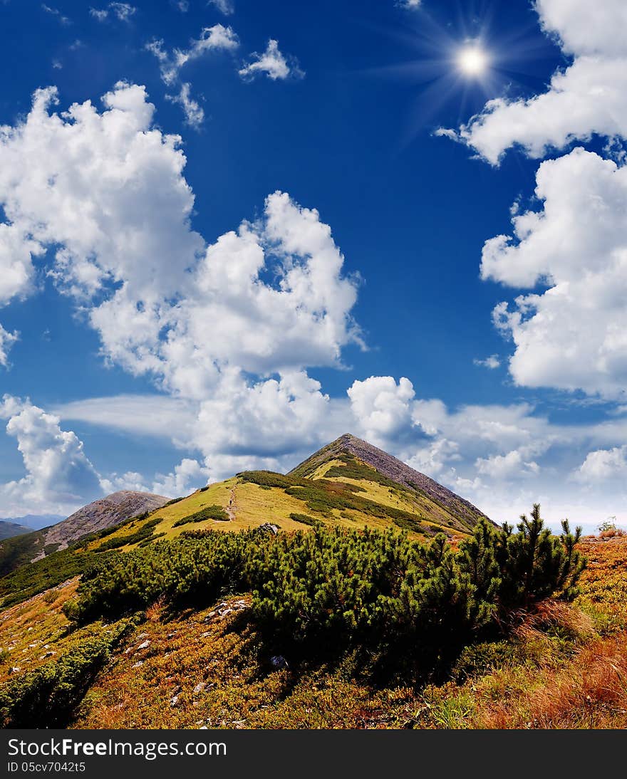 Sunny landscape with mountain peaks. Summer's day. Sunny landscape with mountain peaks. Summer's day