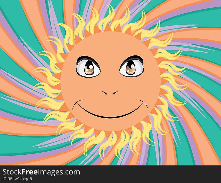 Abstract cartoon sun with happy face on background with rays. Abstract cartoon sun with happy face on background with rays.