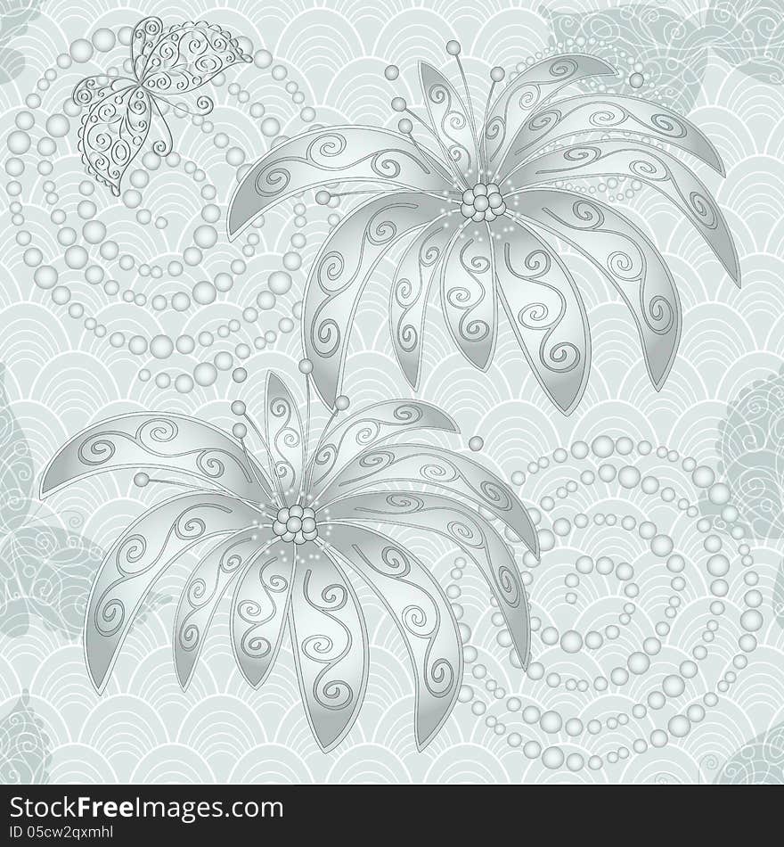 Silvery vintage seamless pattern with flowers, butterflies and concentric circles (vector). Silvery vintage seamless pattern with flowers, butterflies and concentric circles (vector)