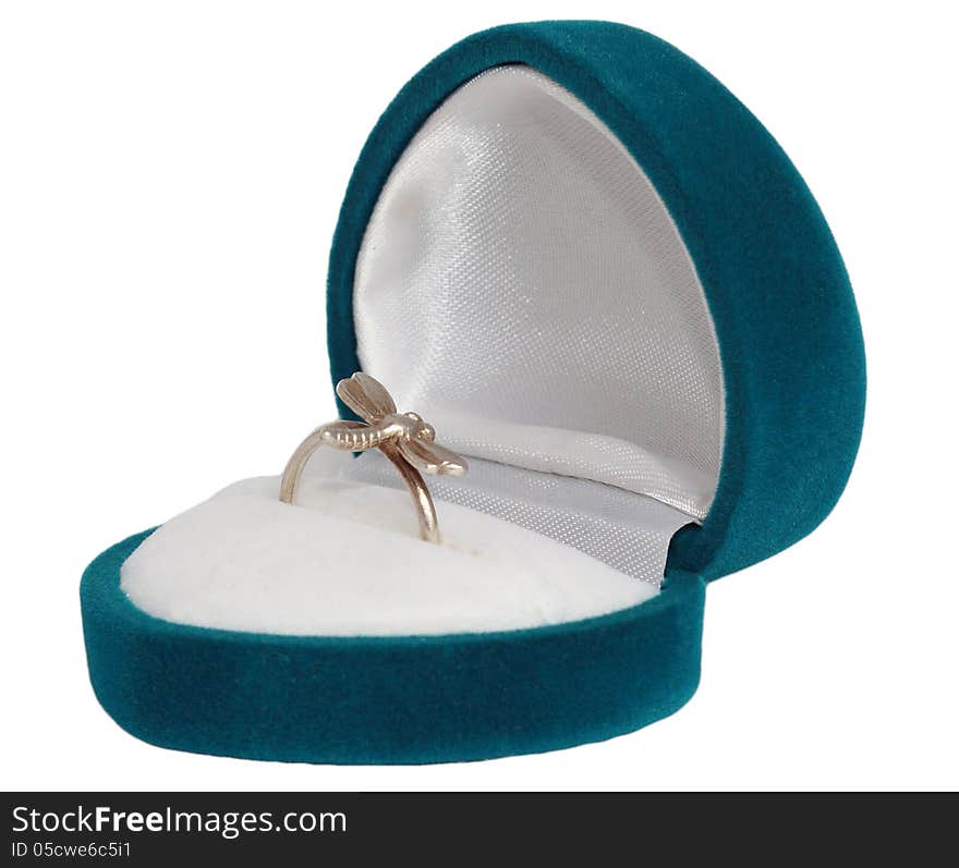 Ring in a gift box of turquoise on a white background