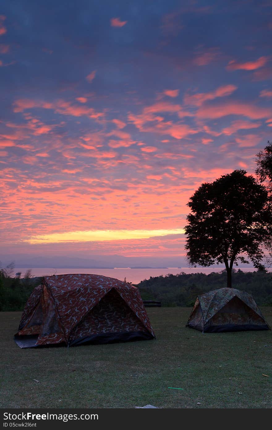 Tents for campers on the hill in the morning in Thailand