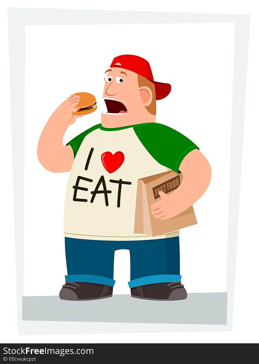 Illustration of a young man eating hamburger and carrying a bag of fast food. Illustration of a young man eating hamburger and carrying a bag of fast food