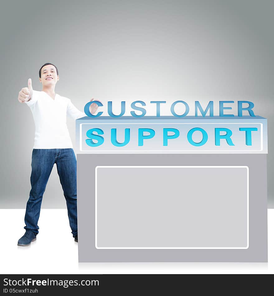 Asian Man With Thumb Up  At Customer Support Counter
