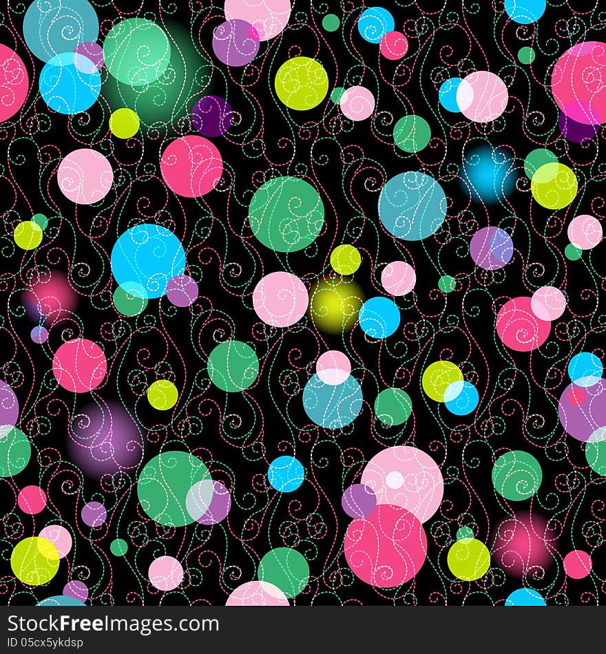 Seamless dark pattern with vivid colorful balls and curls (vector EPS 10). Seamless dark pattern with vivid colorful balls and curls (vector EPS 10)