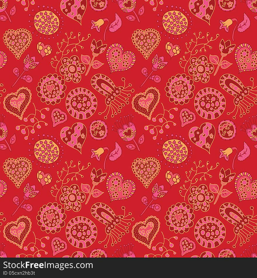 Heart And Flowers Seamless Pattern