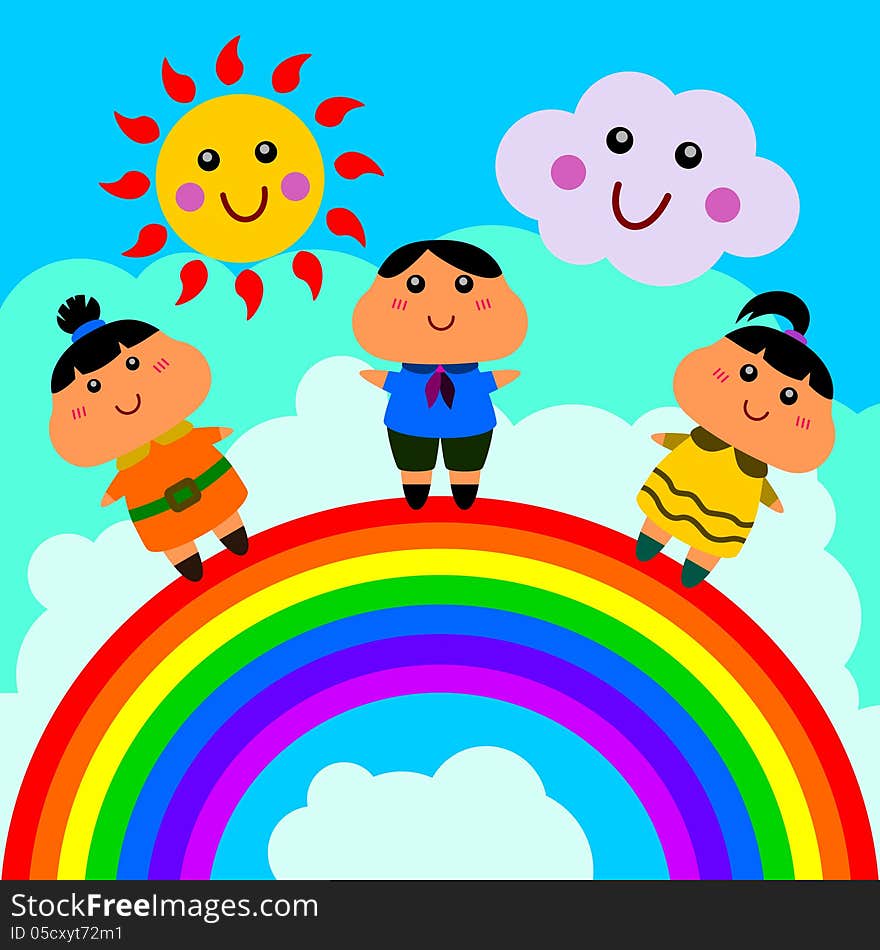 A cute illustration of three happy people on a rainbow