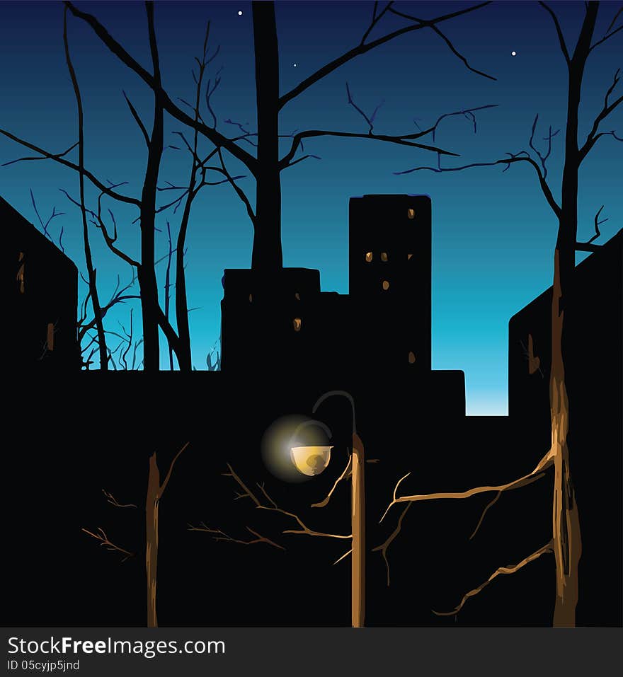 Night landscape in black and blue with a lantern