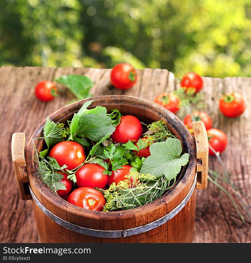 Barrel of pickled tomatoes