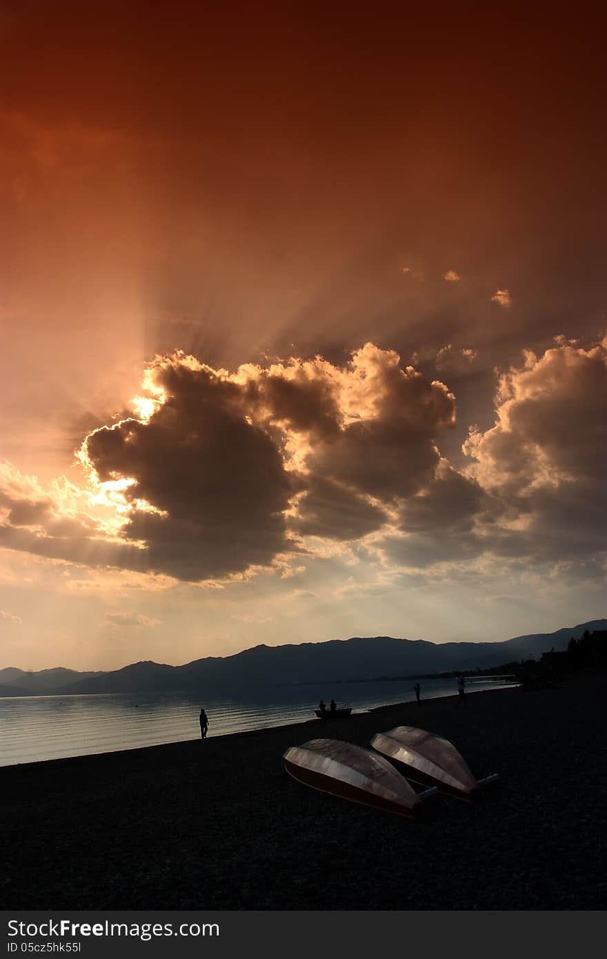 The seaside sunset beautiful rays