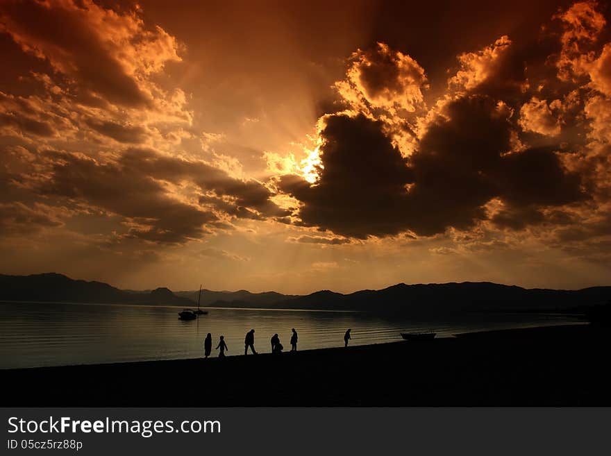 The seaside sunset beautiful rays