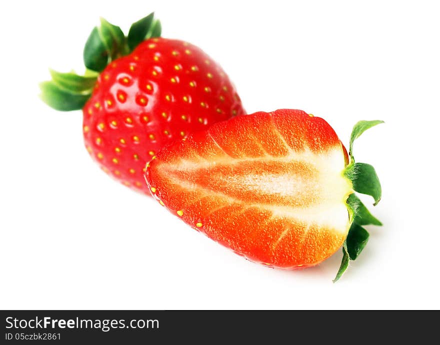 fruits - Two Strawberries on white background.