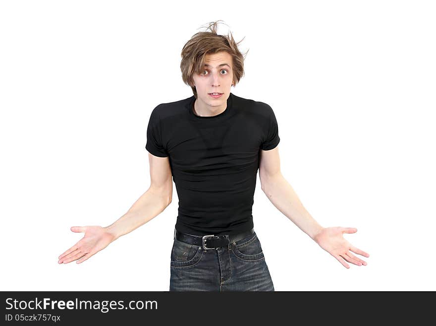 Portrait of indignant young man gesticulates hands on white background. Portrait of indignant young man gesticulates hands on white background