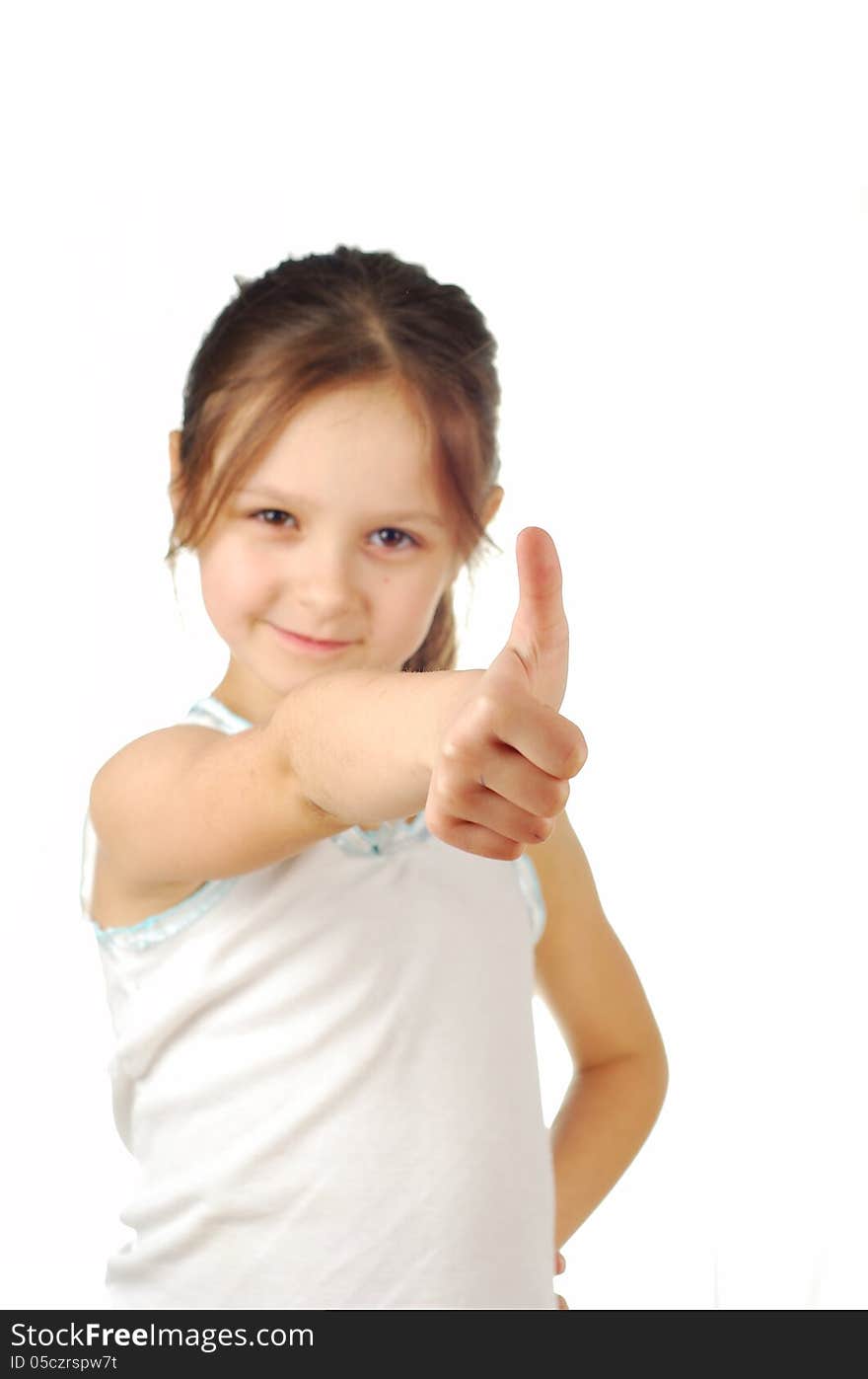 Portrait of a girl showing thumbs up isolated