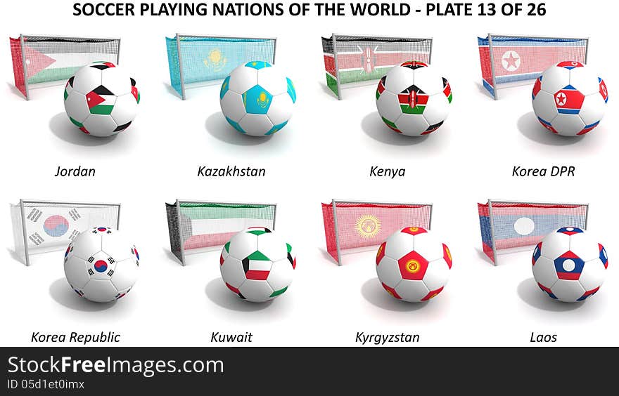 Three dimensional render of soccer playing nations. Plate 13 of 26. Three dimensional render of soccer playing nations. Plate 13 of 26