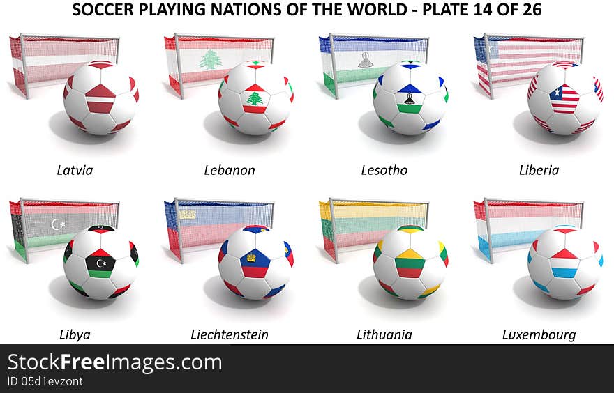 Three dimensional render of soccer playing nations. Plate 14 of 26. Three dimensional render of soccer playing nations. Plate 14 of 26