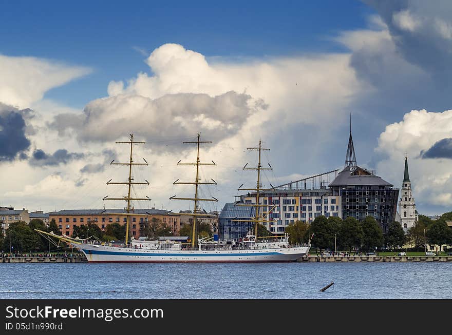 View on seaport of Riga city from embankment of the Daugava river, Latvia