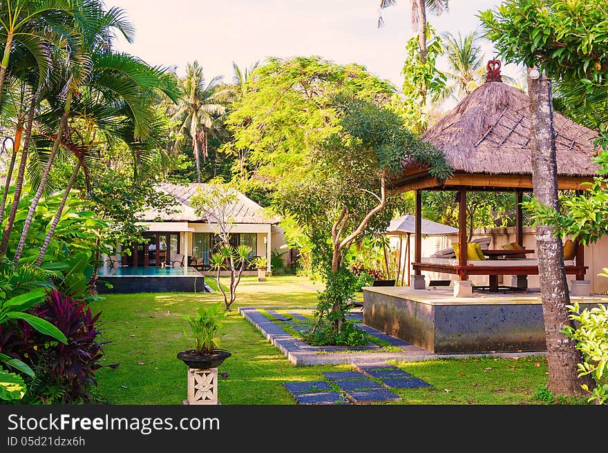 Indonesia Bali Kuta.The quiet thatched sheds.It is local residence.