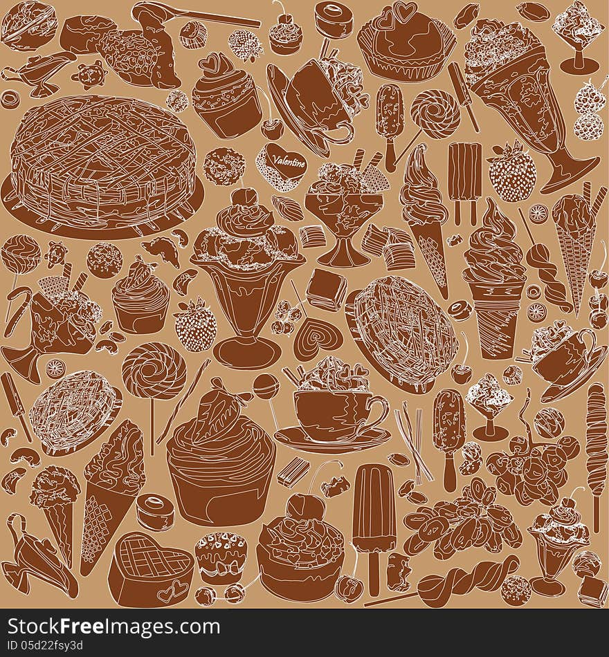 Seamless background with different sweets in shades of brown. Seamless background with different sweets in shades of brown