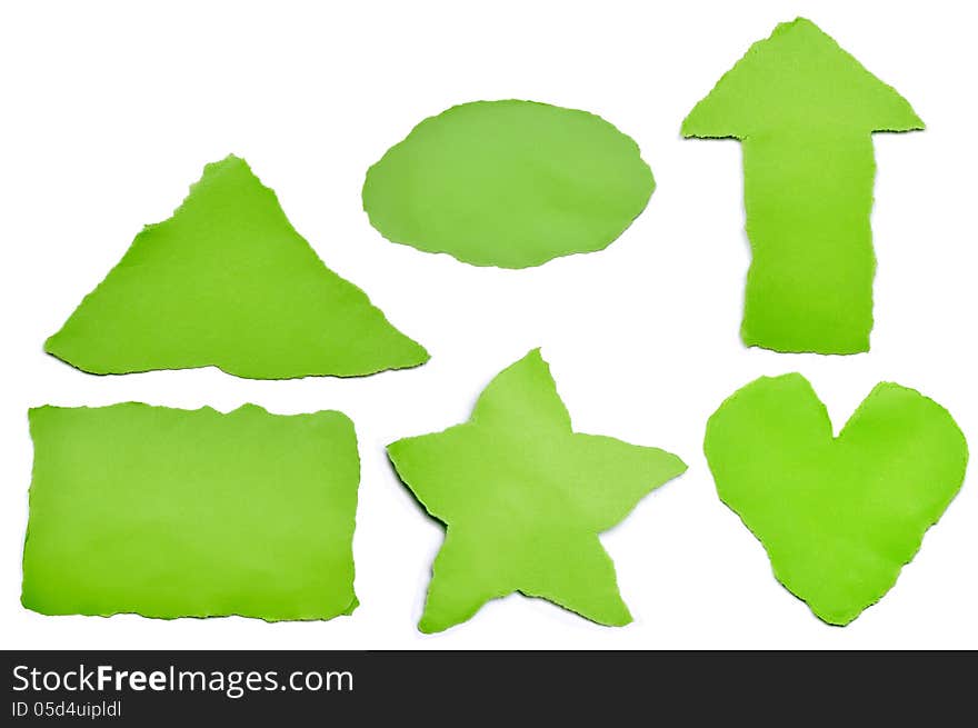 Collection of green paper tears, isolated on white with soft shadows. Collection of green paper tears, isolated on white with soft shadows.