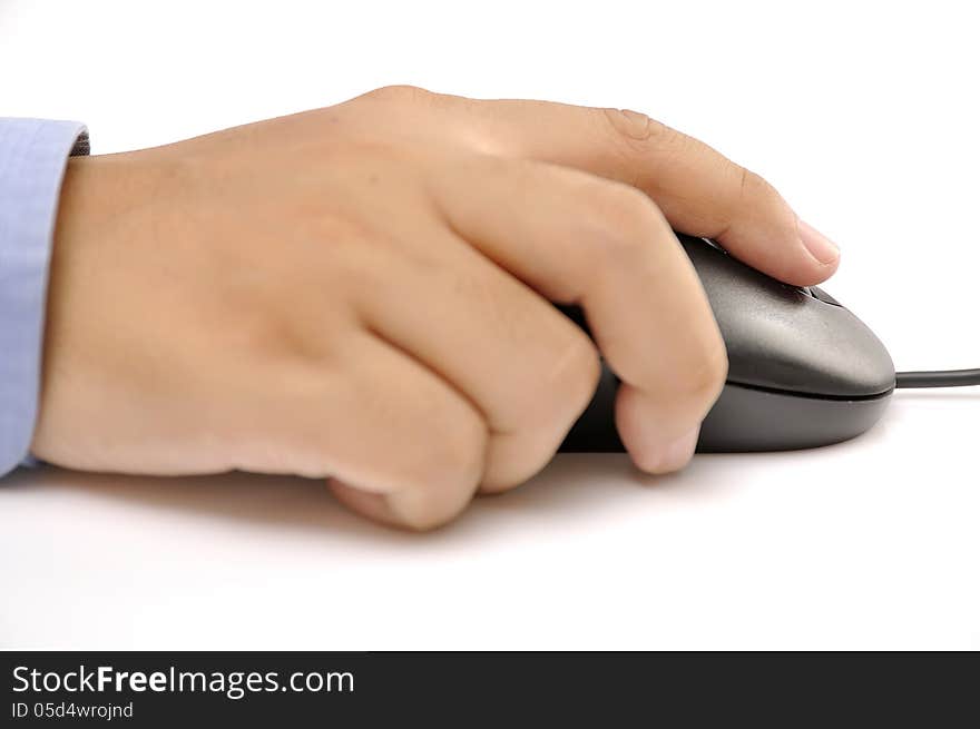 Male hand holding a mouse. This is working concept photo