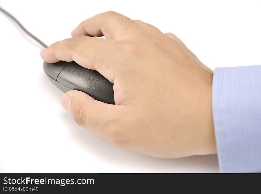 Male hand holding a mouse. This is working concept photo