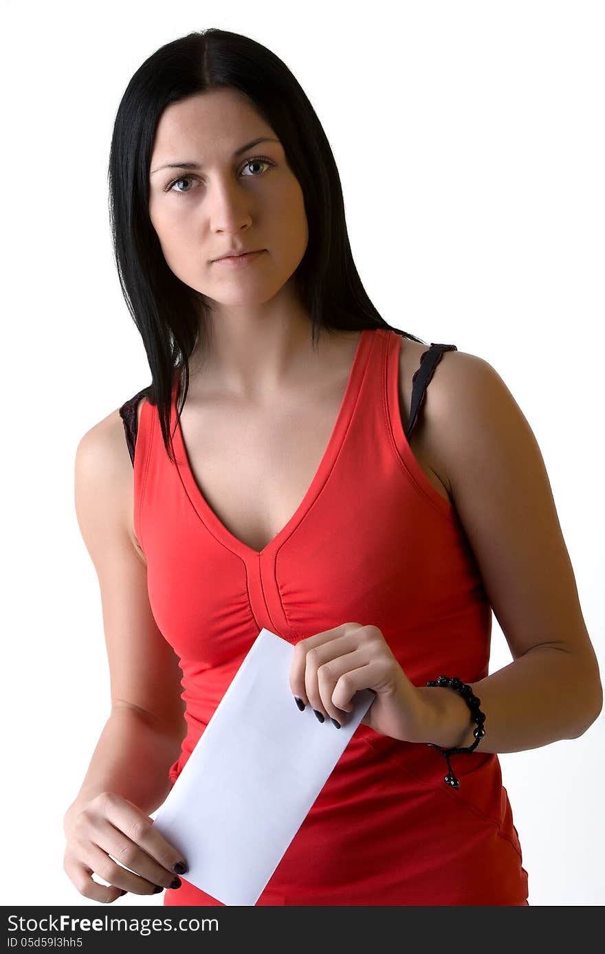 Portrait of gorgeous long hair brunette holding a sheet of paper/ empty letter envelope. Shot in studio. Isolated on white. Portrait of gorgeous long hair brunette holding a sheet of paper/ empty letter envelope. Shot in studio. Isolated on white.