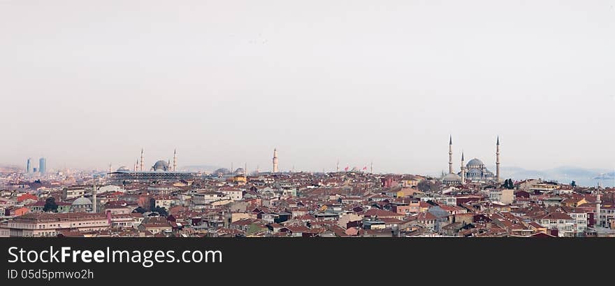 Horizontal panorama of Istanbul. There are many buildings and mosques. Prince Islands are visible in the background. Horizontal panorama of Istanbul. There are many buildings and mosques. Prince Islands are visible in the background.