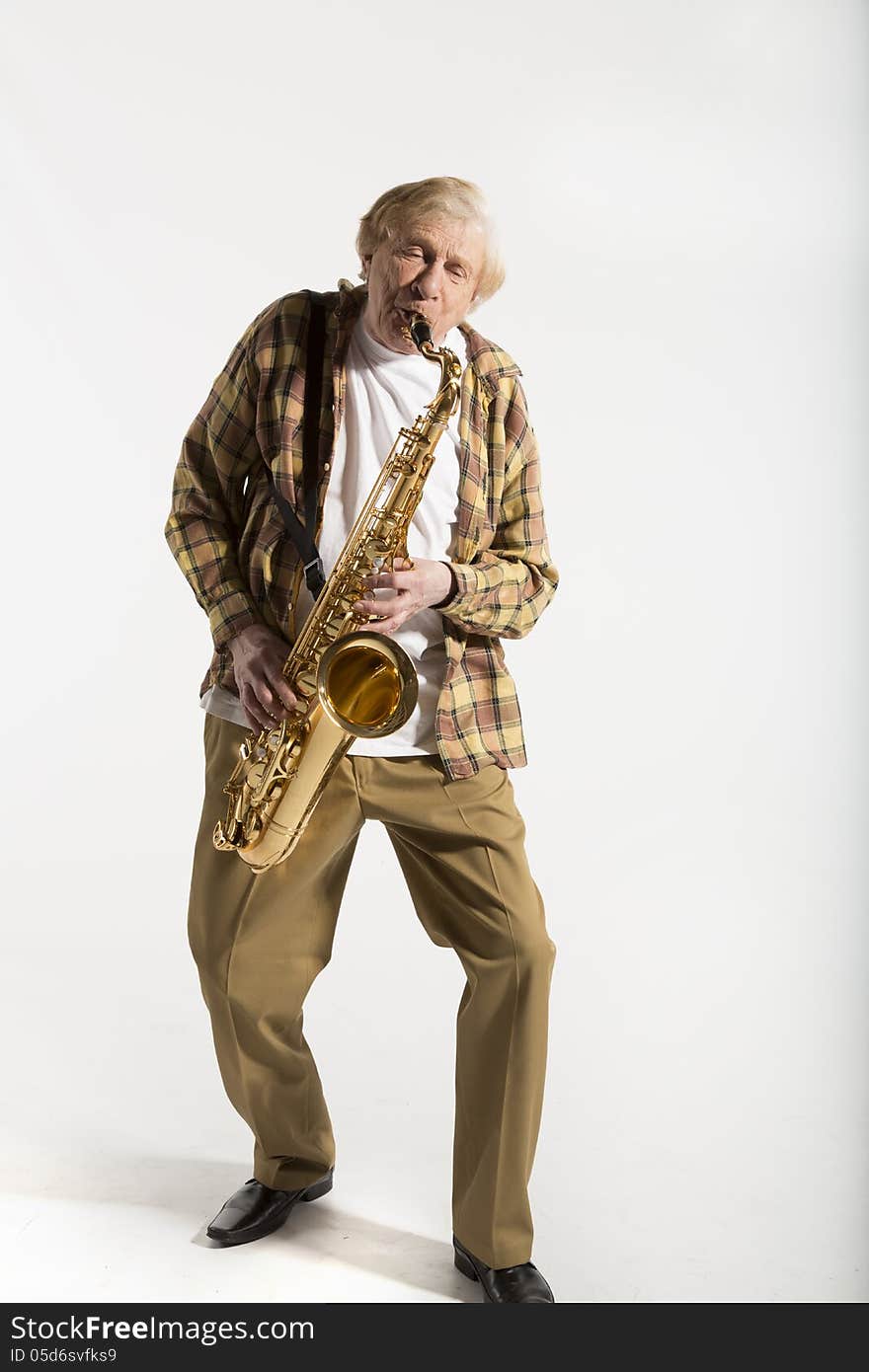 Portrait of a saxophonist on a white background. Portrait of a saxophonist on a white background